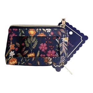 Simply Southern Double Zip ID Wallet Women's Navy Floral Gold Pineapple 4.25x3"